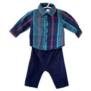 Nordstrom Baby Boy Outfit Button Up Plaid Shirt Navy Corduroy Pants 3M Cotton